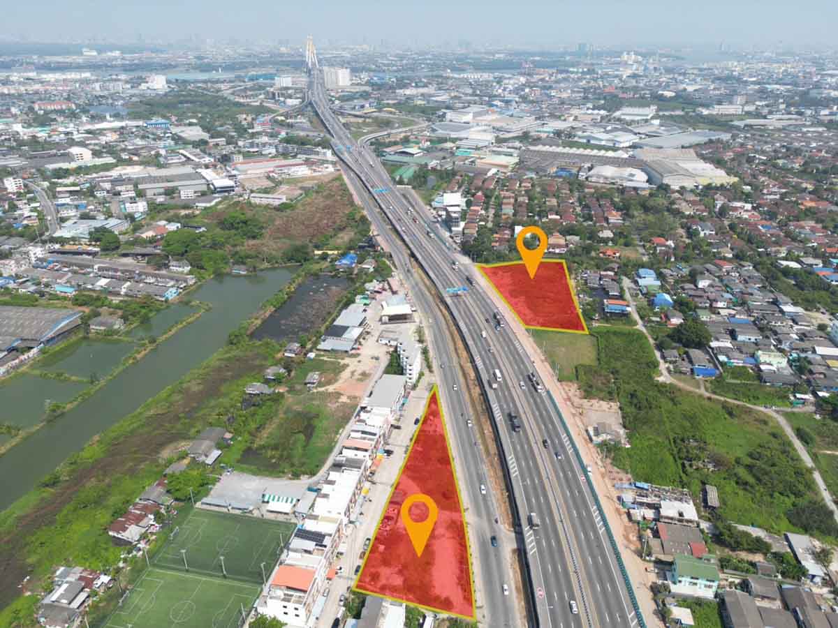 ที่ดินเปล่า 2 แปลง 5-3-43.7 ไร่ และ  758.5 ตร.ว ประชาอุทิศ ทุ่งครุ ติดถนนใหญ่