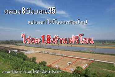 ที่ดิน คลอง8 บึงบอน35 หนองเสือ 1 ไร่ สวยมาก ติดถนนด้านหน้าคอนกรีต เหมาะทำโกดัง ปลูกบ้าน